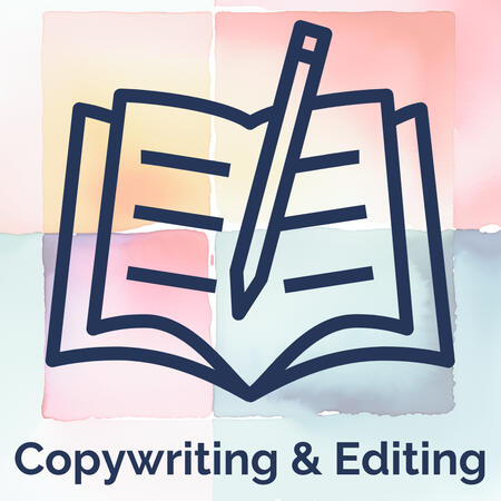 Blue icon of an open book with lines of text and a pencil, on a background of muted watercolors