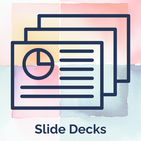 Blue presentation slides icon on a background of muted watercolors