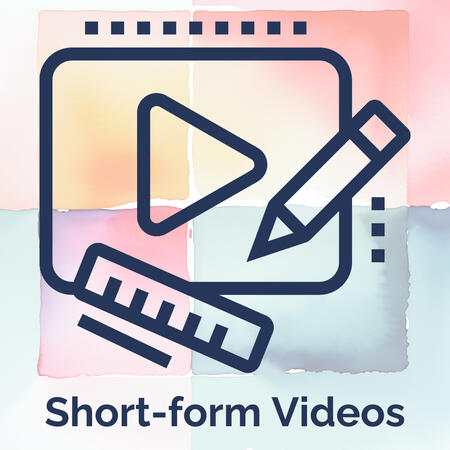 Blue icon of a video "play" button surrounded by a box with rounded corners and little squares that look like the edges of film overlain with a pencil and a ruler, on a background of muted watercolors