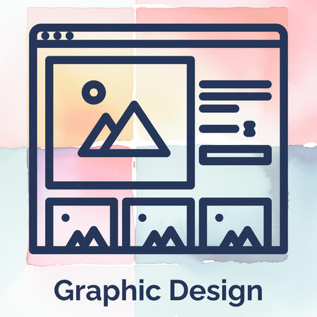 Blue icon of a computer screen with boxes representing image placeholders with triangle mountains and lines representing text boxes, on a background of muted watercolors