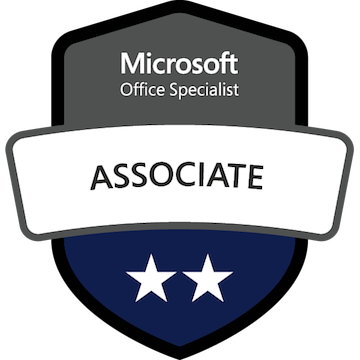Black, blue, and white graphic badge with two white stars, representing the Microsoft Office Specialist Associate certification.