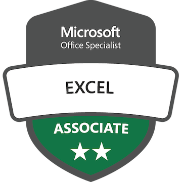 Black, green, and white graphic badge with two white stars, representing the Microsoft Office Specialist Excel Associate certification.