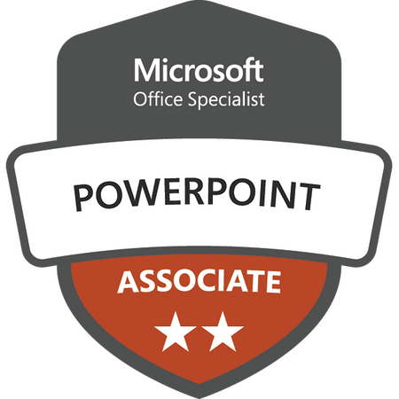 Black, orange, and white graphic badge with two white stars, representing the Microsoft Office Specialist PowerPoint Associate certification.