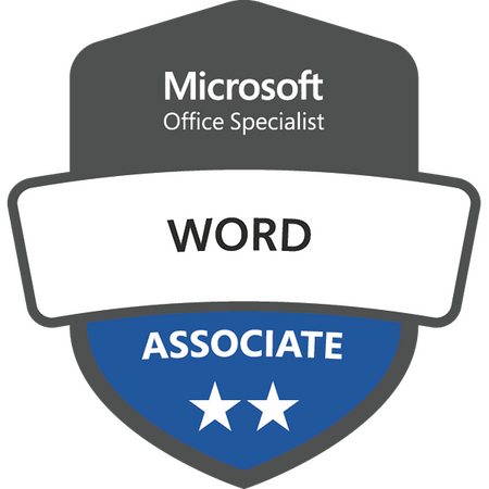 Black, blue, and white graphic badge with two white stars, representing the Microsoft Office Specialist Word Associate certification.