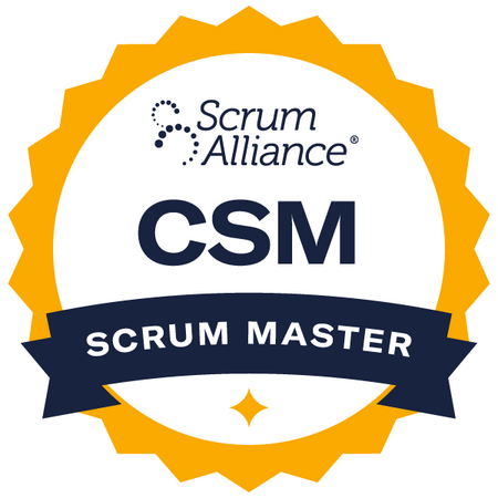 White circle surrounded by a yellow pointed border and a navy blue banner across the bottom. The text reads, "Scrum Alliance CSM Scrum Master."