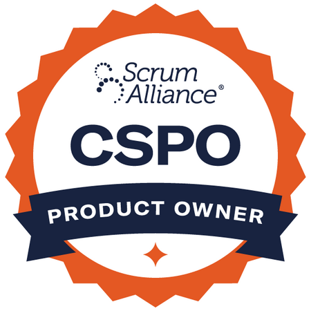 White circle surrounded by an orange pointed border and a navy blue banner across the bottom. The text reads, "Scrum Alliance CSPO Product Owner.